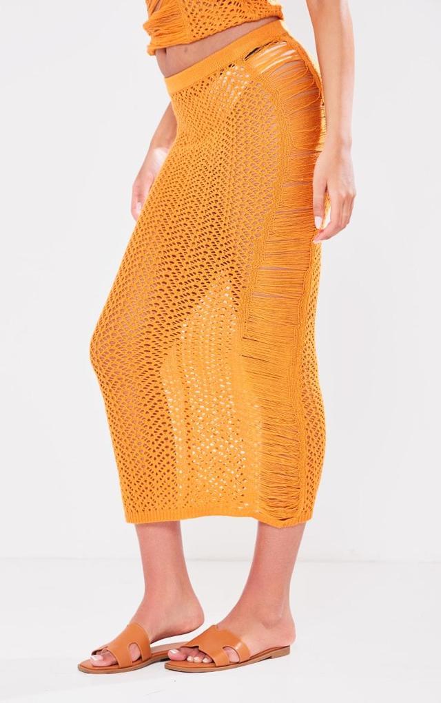 Tall Burnt Orange Open Knit Distressed Detail Midi Skirt Product Image