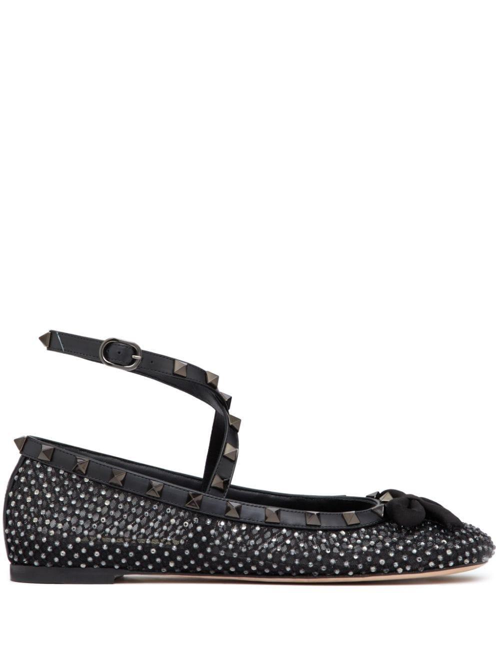 Rockstud Rhinestone-embellished Ballerina Shoes In Black Product Image