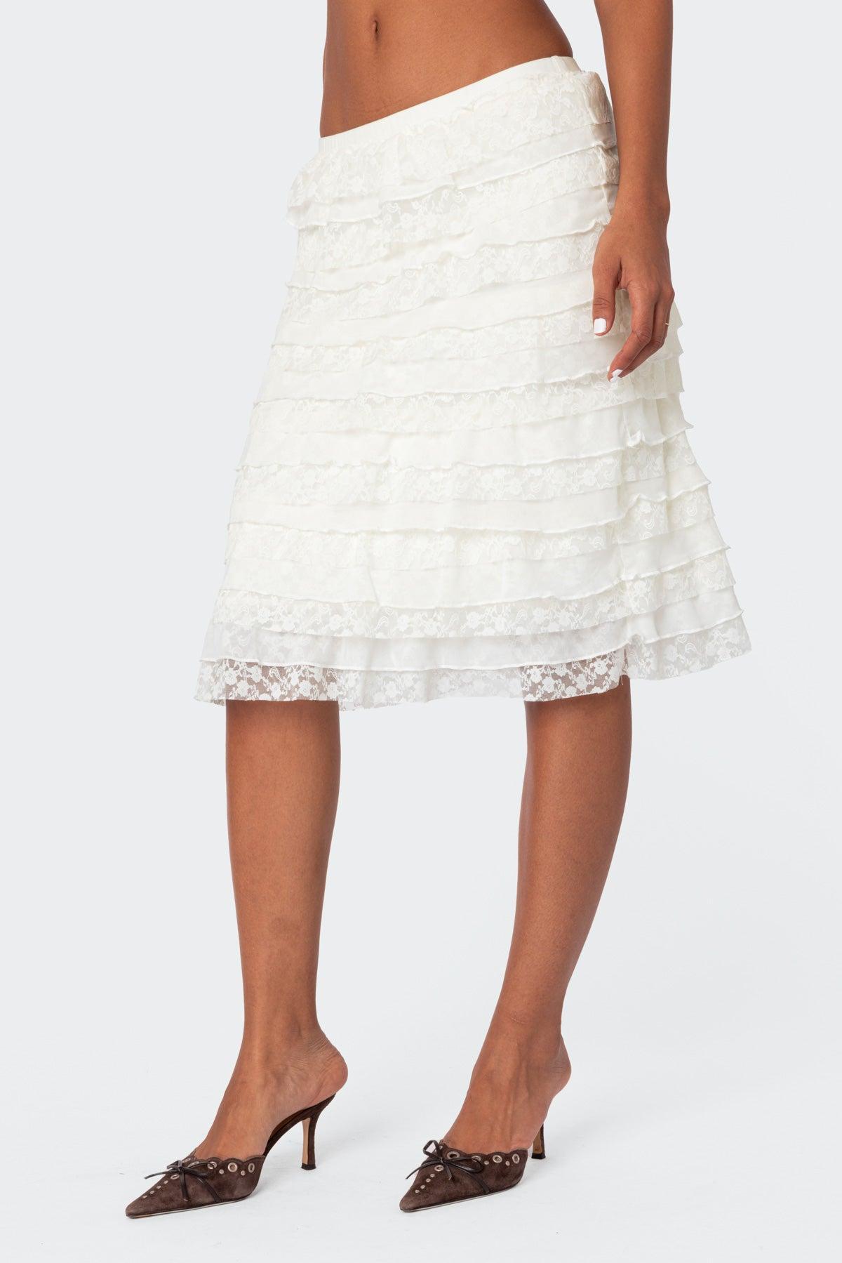 Louise Lace And Mesh Ruffle Midi Skirt Product Image