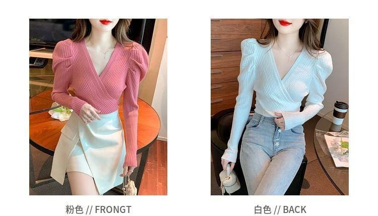 Long-Sleeve V-Neck Plain Ribbed Slim Fit Knit Top Product Image