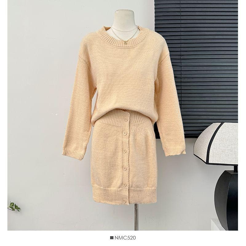 Set: Loose-Fit Cropped Sweater + Button-Up Mini Pencil Skirt Product Image