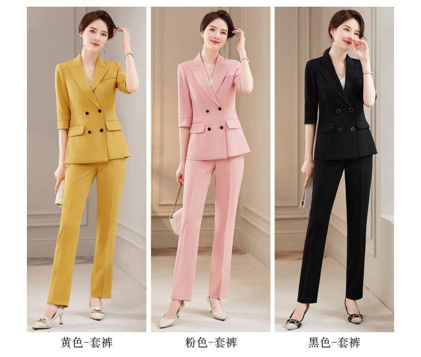 Elbow-Sleeve Peak Lapel Plain Double Breasted Blazer / High Rise Mini Pencil Skirt / High Rise Straight Leg Suit Pants / Set Product Image