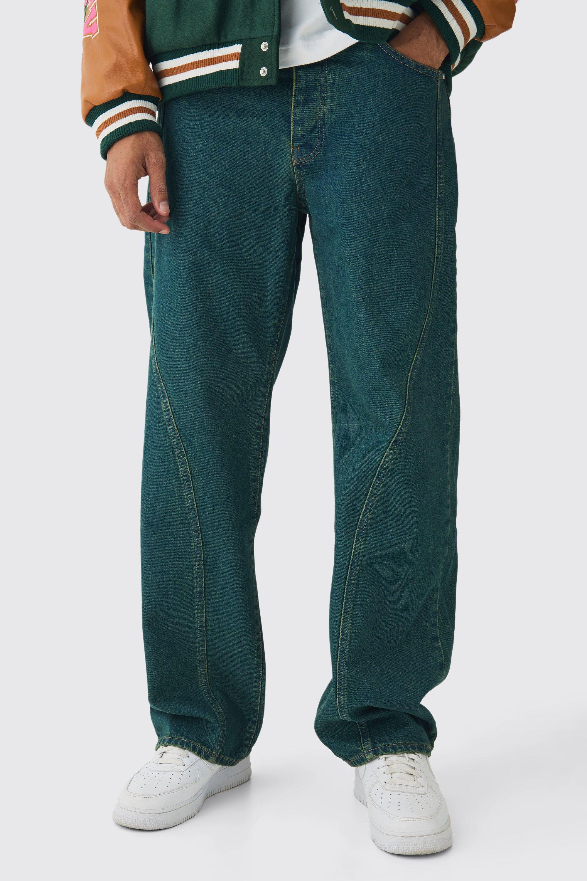 Relaxed Fit Seam Detail Green Tinted Jeans | boohooMAN USA Product Image