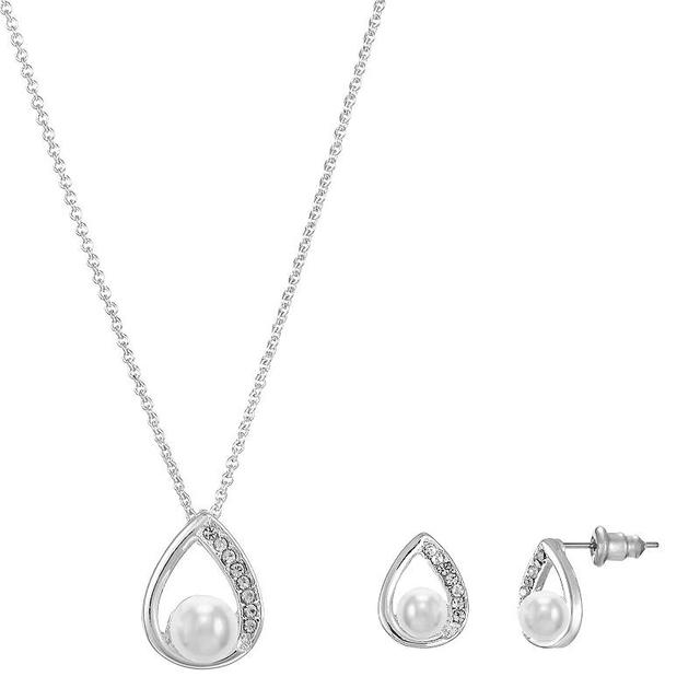 Silver Tone Cubic Zirconia & Simulated Pearl Pendant Necklace & Stud Earrings Set, Womens, Size: 18+3, Silver Tone White Product Image