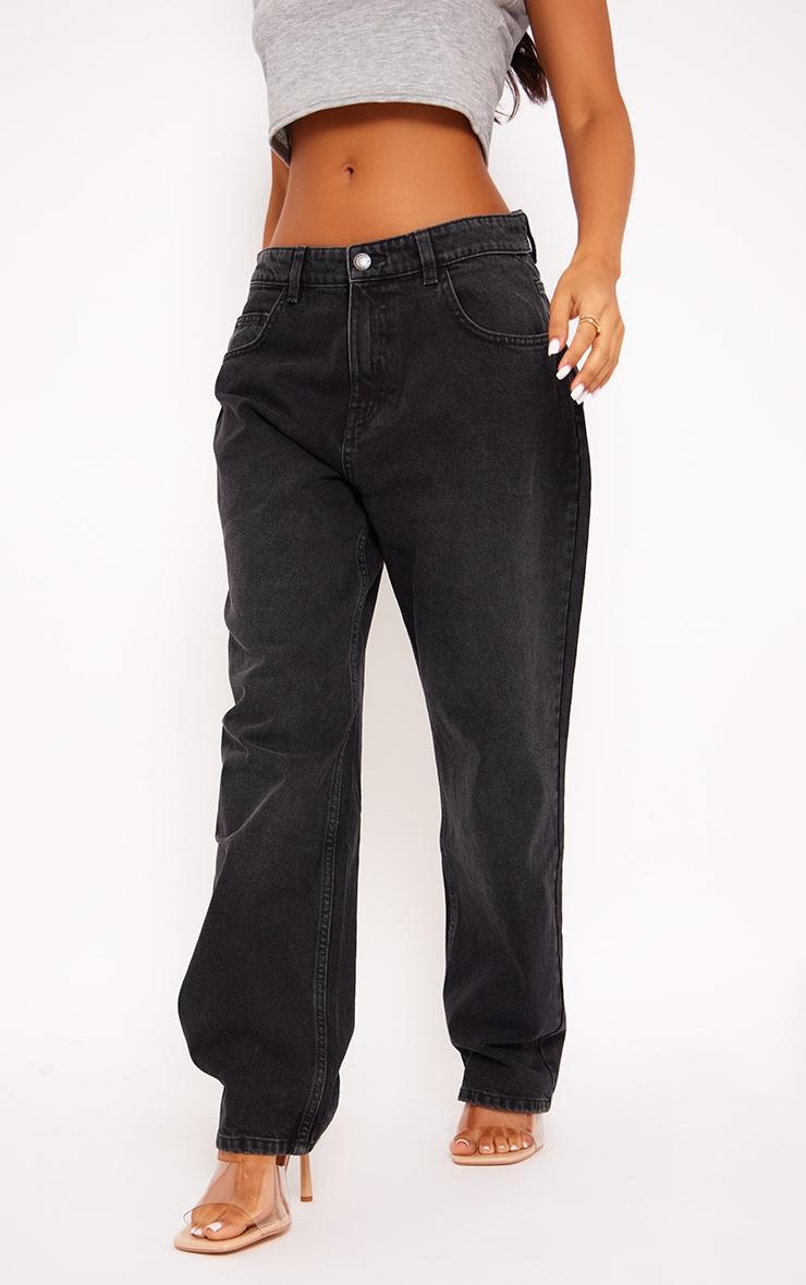 PRETTYLITTLETHING Petite Washed Black High Rise Straight Leg Jeans Product Image