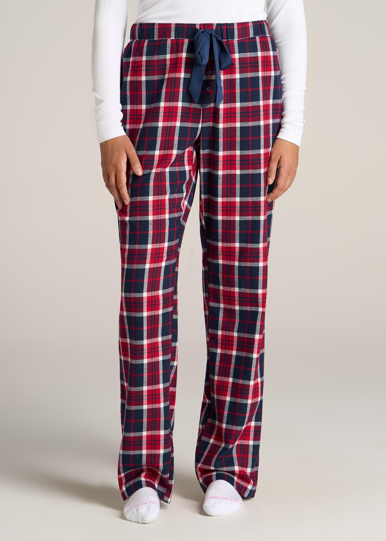 Open-Bottom Flannel Women's Tall Pajama Pants in Apple Red and Navy Plaid Female Product Image