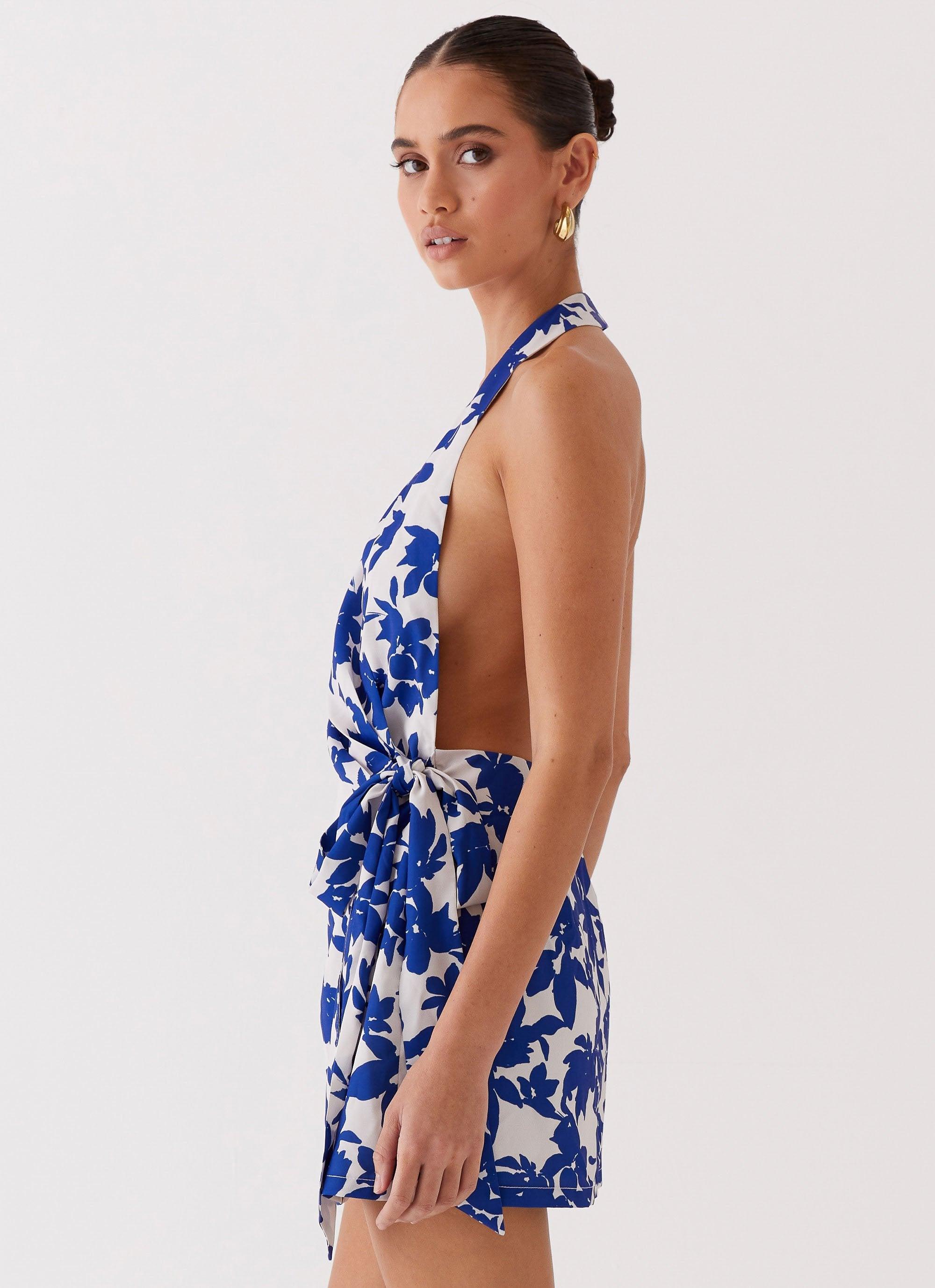 Street Blues Wrap Mini Dress - Blue Floral Product Image