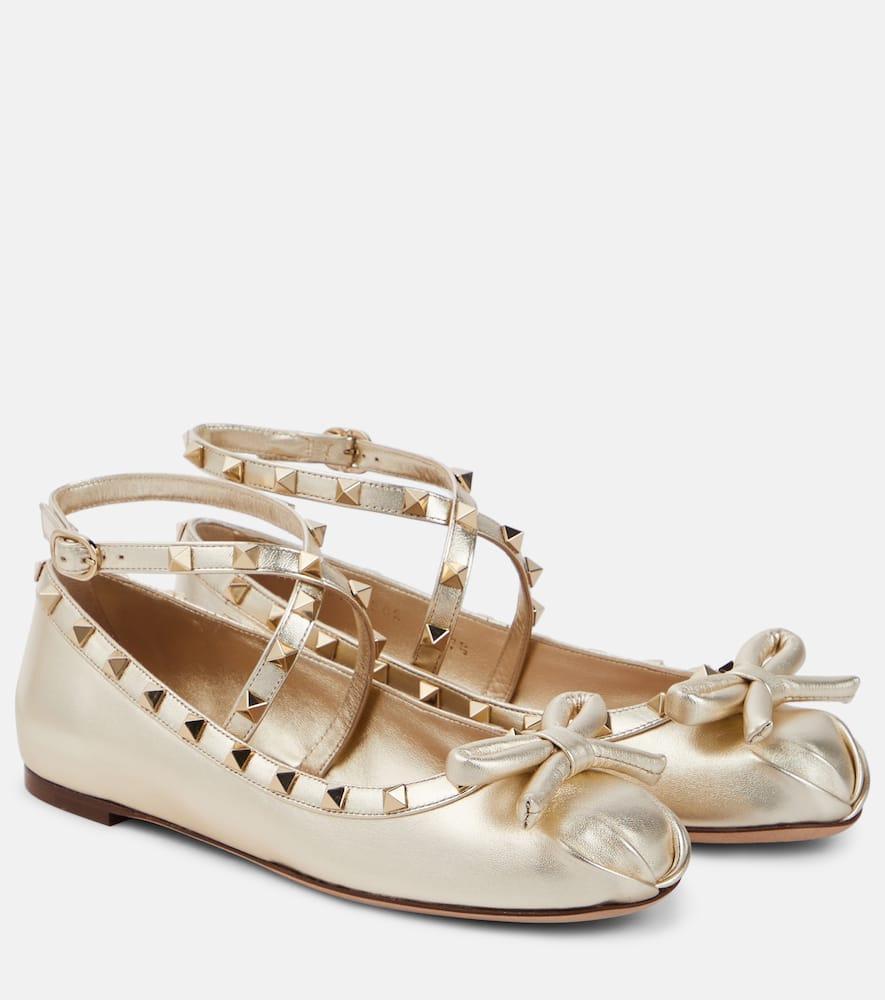 Rockstud Leather Ballerina Shoes In Silver Product Image