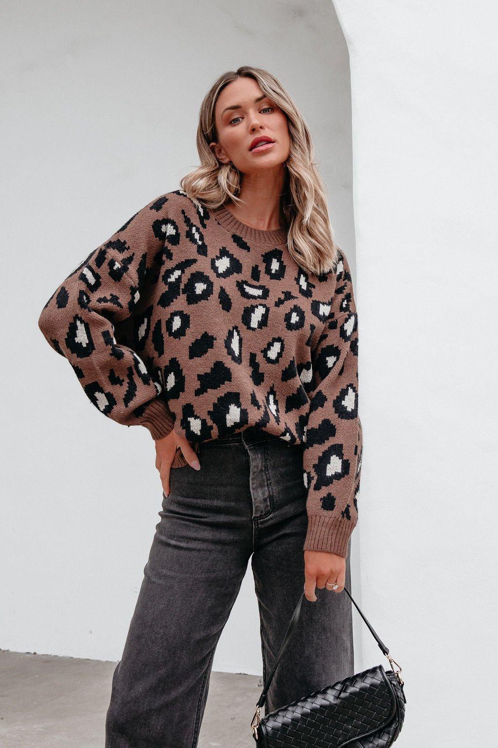 Brown Leopard Print Ribbed Sweater Product Image