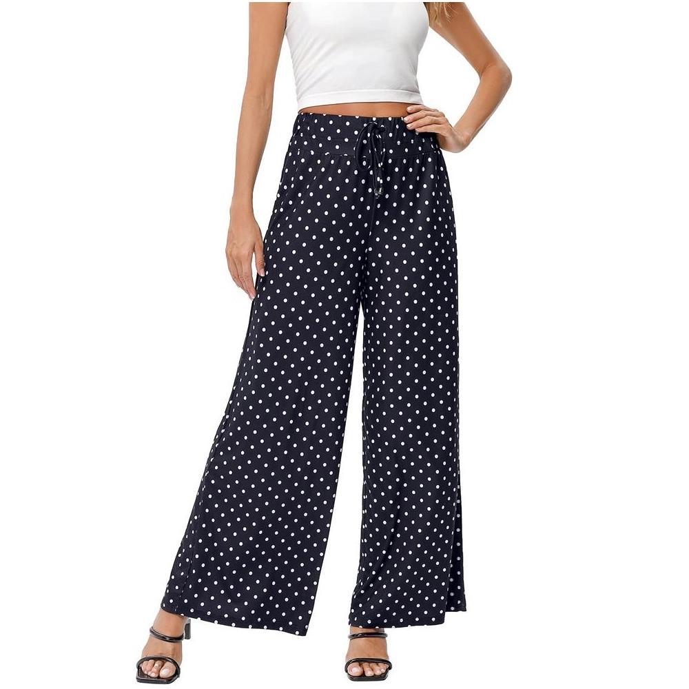 Whizmax Women's Wide Leg Pants Casual Palazzo Summer Flowy Pants Elastic High Waist Lounge Drawstring Long Trousers Polka Dots M Product Image