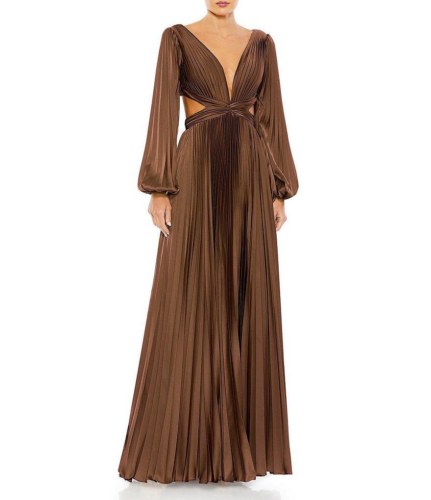 Mac Duggal Long Balloon Sleeve Side Cut-Out Pleated Deep V-Neck Satin A-Line Gown Product Image