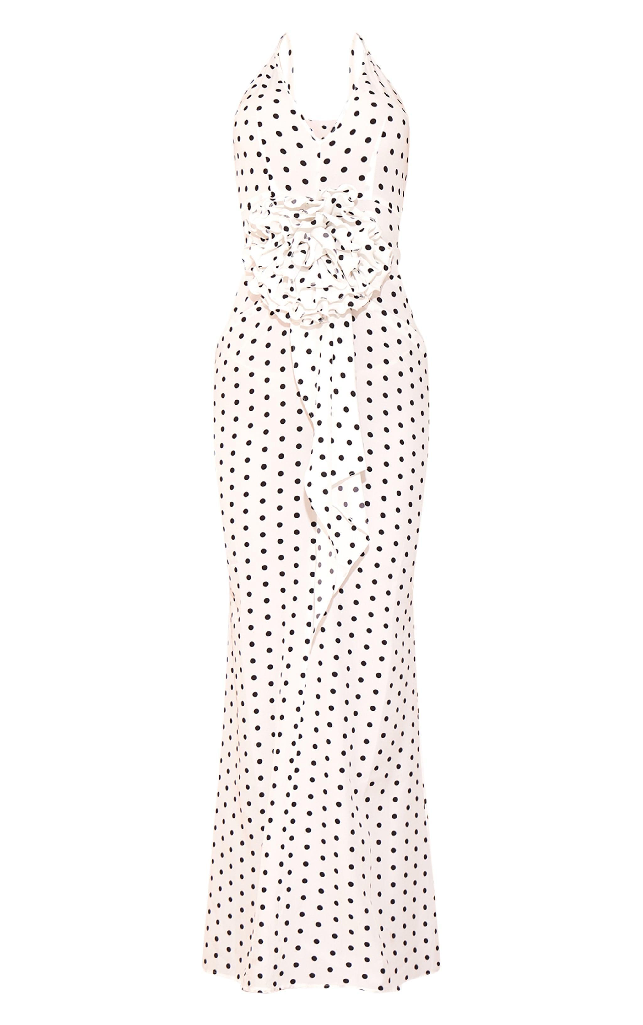 White Polka Dot Satin Rose Detail Maxi Dress Product Image