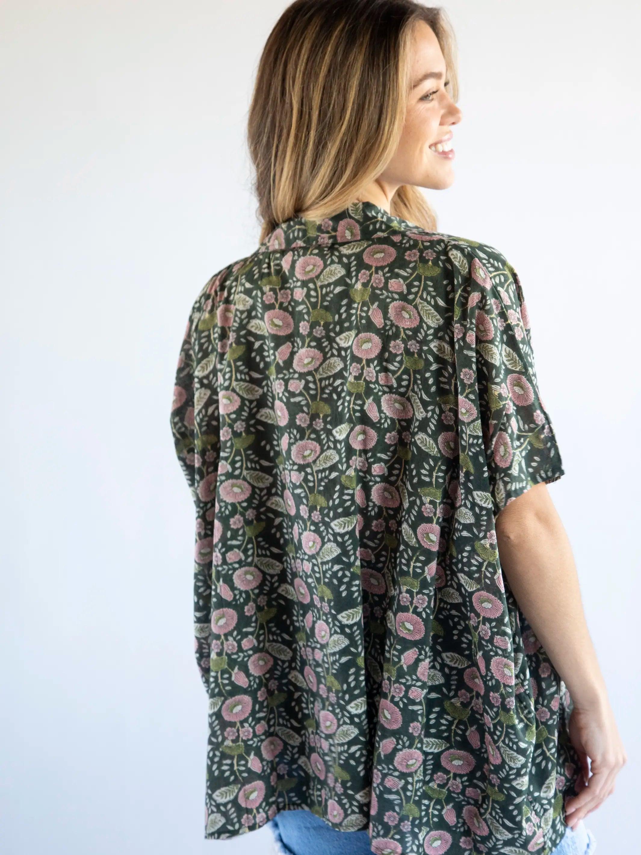 Kelly Oversized Cotton Button Down - Dark Green Pink Floral Vines Product Image