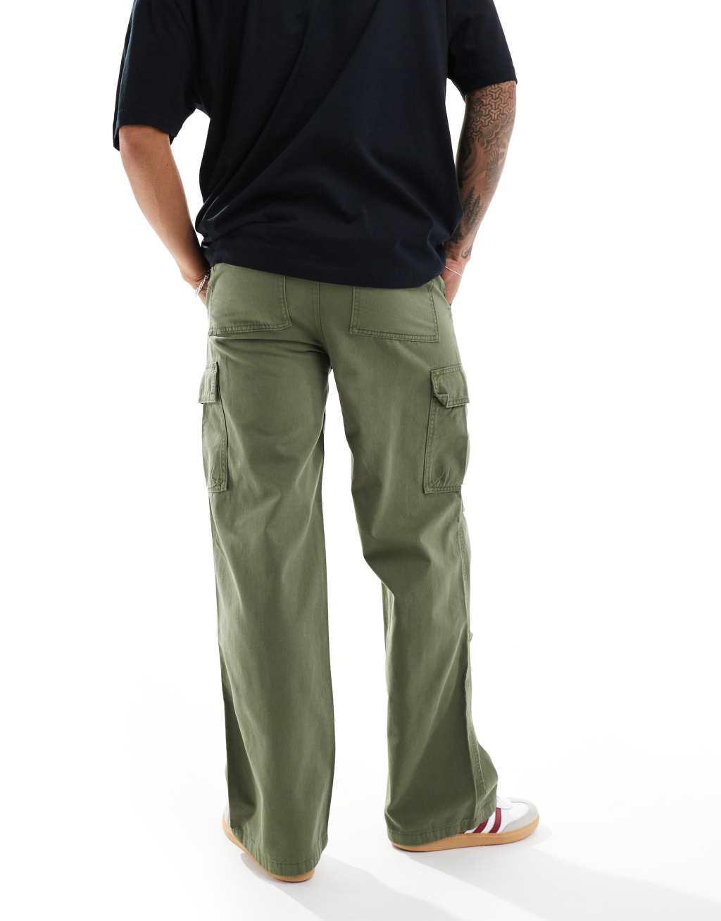 ASOS DESIGN baggy cargo pants with knee pleats in khaki Product Image