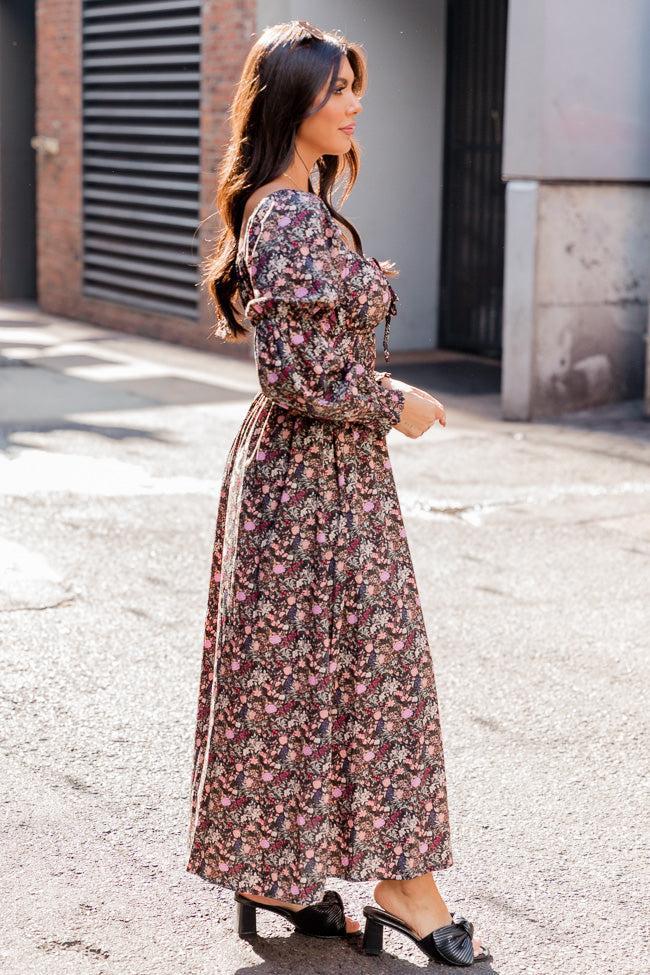 For The Last Time Black Multi Floral Long Sleeve Midi Dress FINAL SALE Product Image