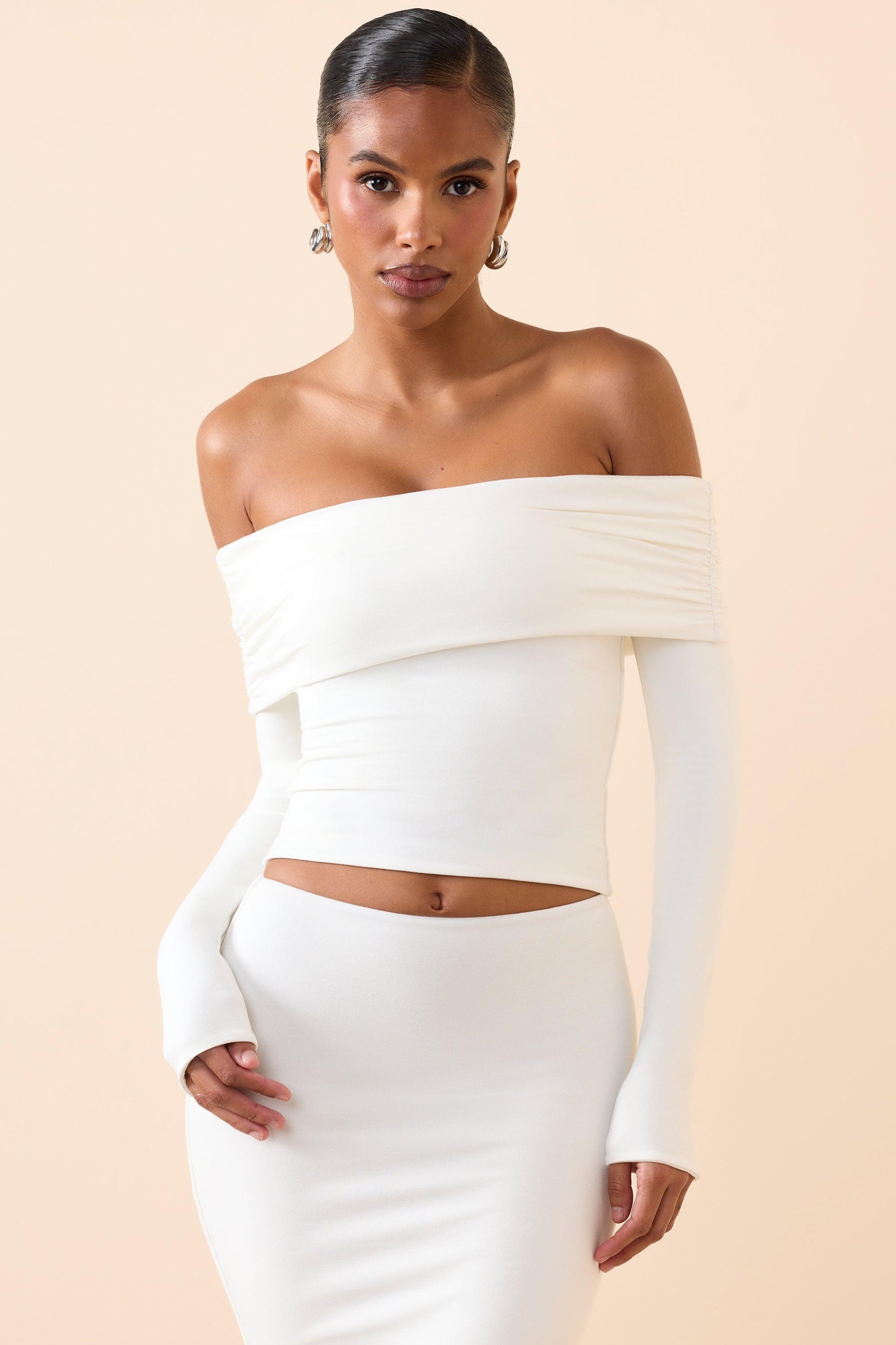 Modal Off-Shoulder Long-Sleeve Top in White Product Image