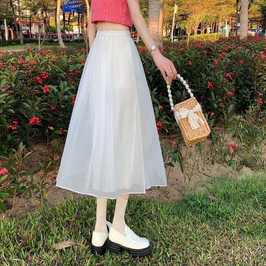 High Rise Plain Midi Pleated A-Line Skirt Product Image