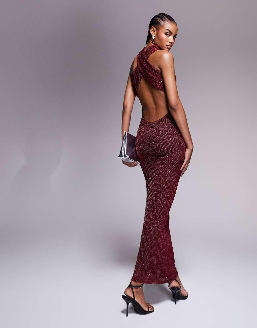 ASOS DESIGN shimmer knit high neck halter maxi dress in burgundy Product Image