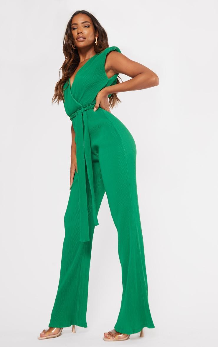 Bright Green  Pleated Shoulder Pad Flared Leg Jumpsuit Product Image