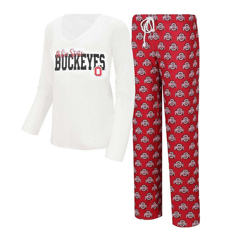 Womens Concepts Sport White Ohio State Buckeyes Long Sleeve V-Neck T-shirt and Gauge Pants Sleep Set - White Product Image