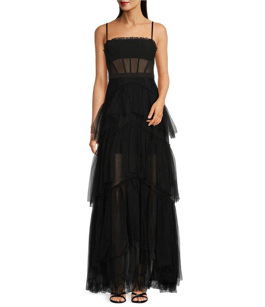 Betsy & Adam Illusion Tiered Ruffled Tulle Square Neck Mesh Sleeveless Gown Product Image