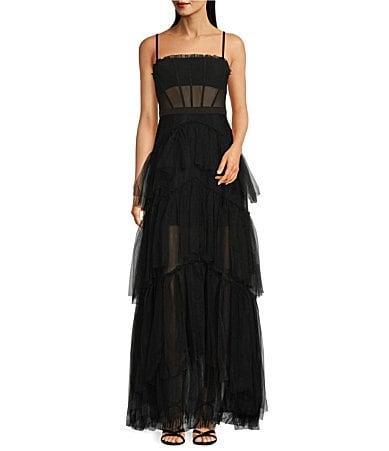 Betsy  Adam Illusion Tiered Ruffled Tulle Square Neck Mesh Sleeveless Gown Product Image