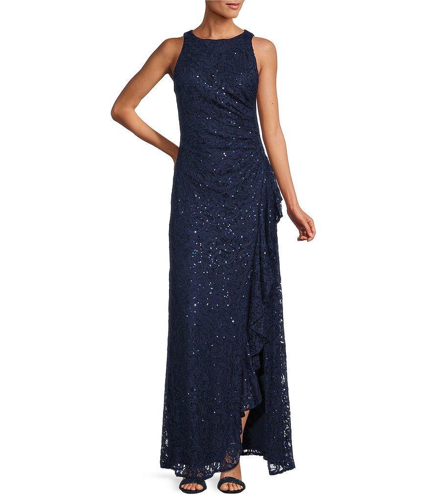 Alex Evenings Petite Size Jewel Neck Sleeveless Front Slit Cascade Ruffle Sequin Stretch Gown Product Image