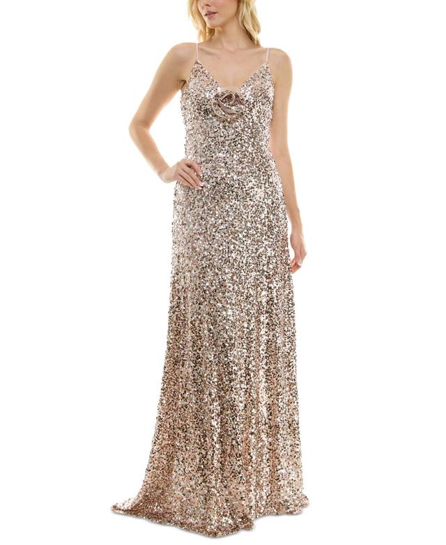 Women's Sequin Embellished Rosette Sleeveless Gown Product Image