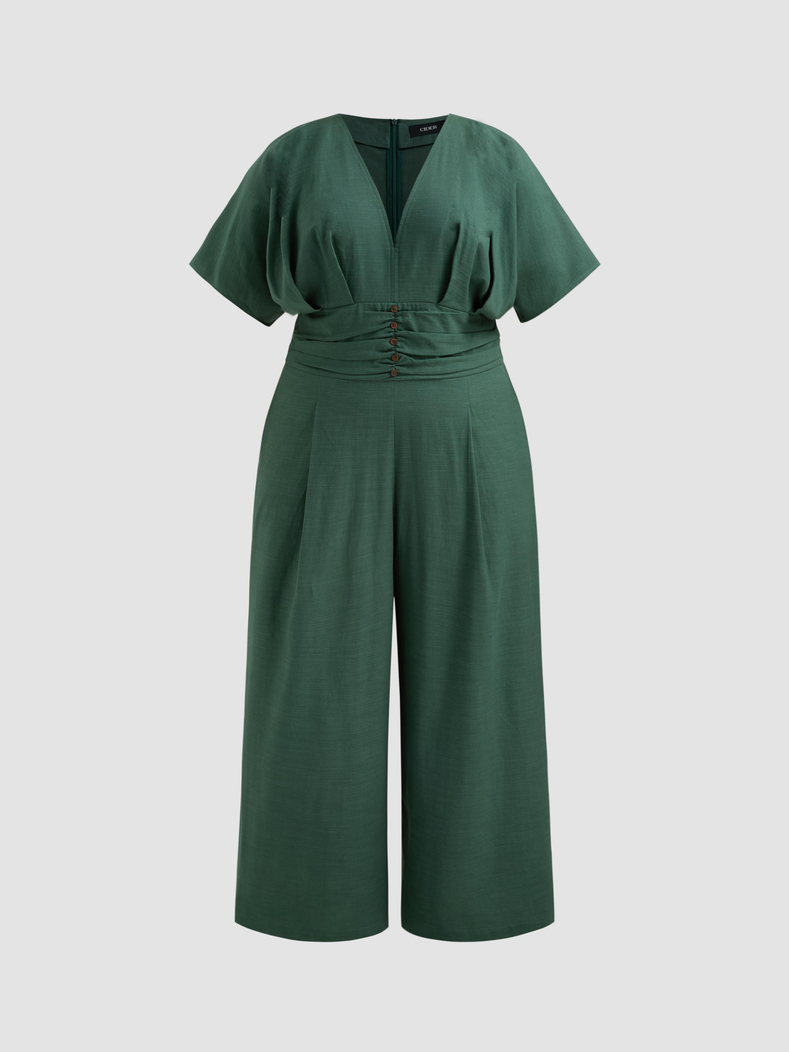 Cotton-blend V-neck Solid Shirred Pocket Button Jumpsuit Curve & Plus product image