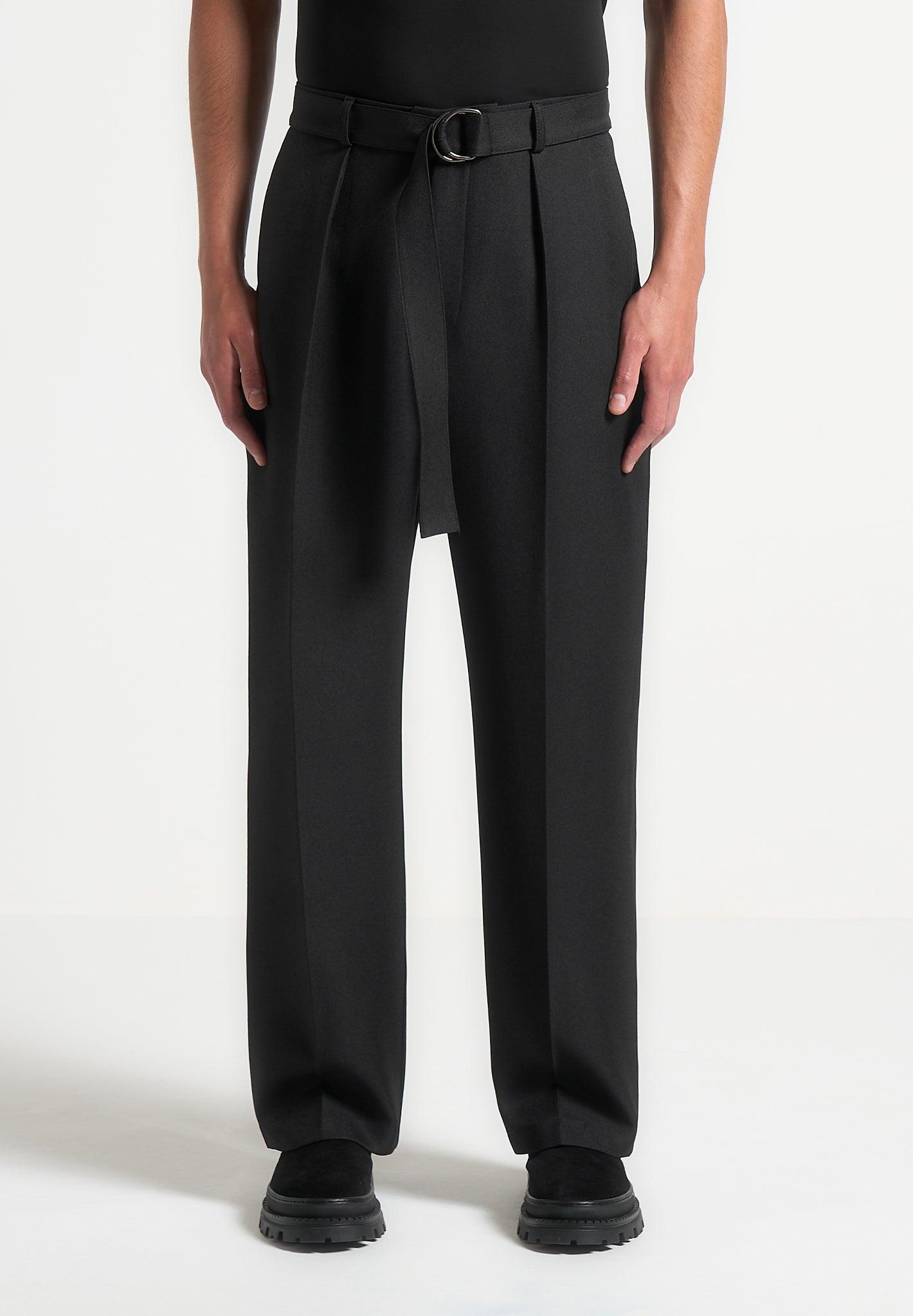 Relaxed Fit Textured Belted Tailored Trousers - Black Male Product Image