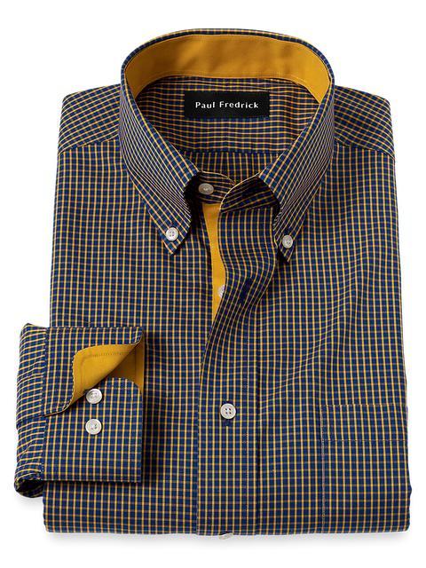 Non-Iron Cotton Check Dress Shirt With Contrast Trim - Navy/gold Product Image