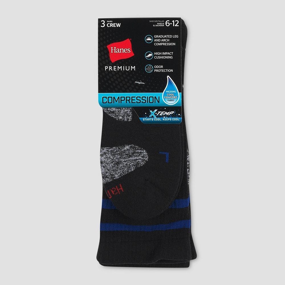 Hanes X-Temp Mens Compression Crew Socks, 3-Pairs Black 6-12 Product Image