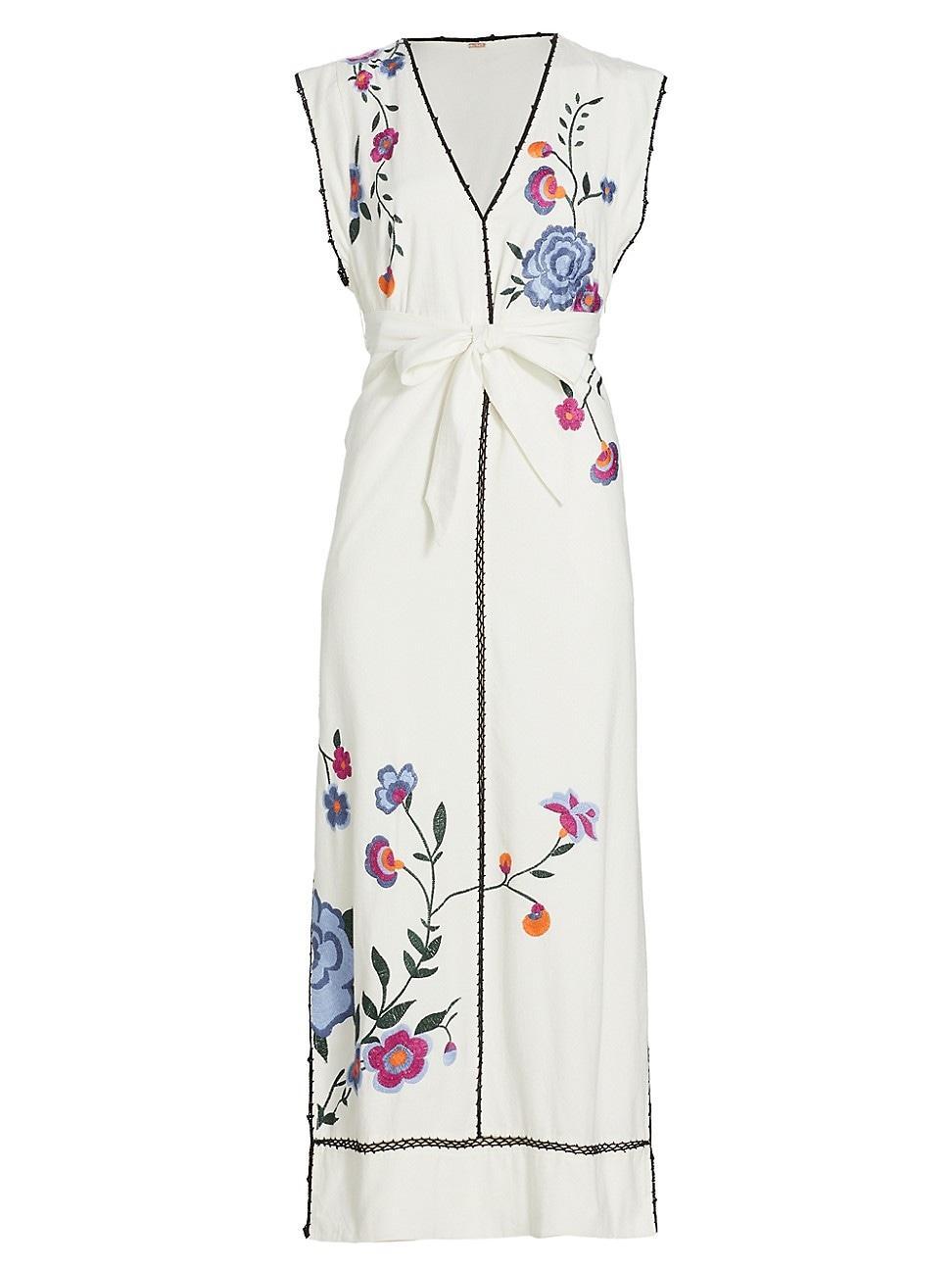 Womens Bo Floral-Embroidered Tie-Waist Midi-Dress Product Image