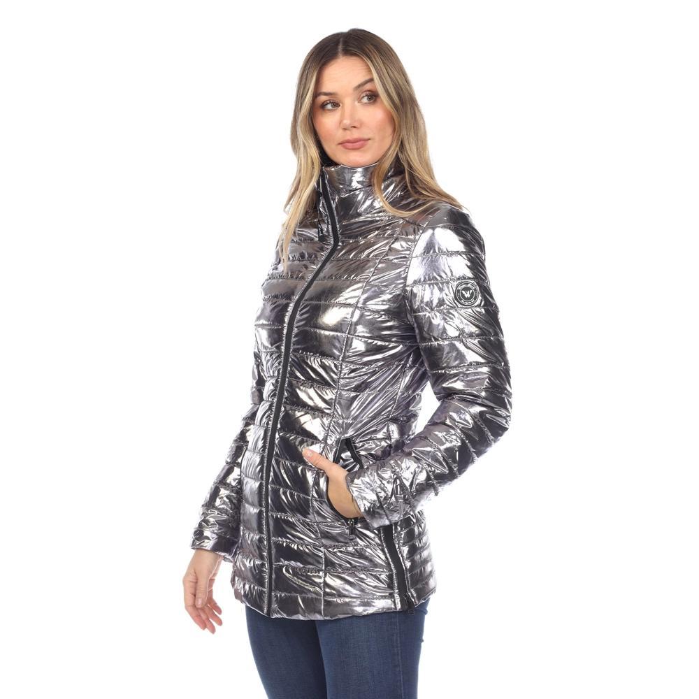 Women's Metallic Puffer Coat Silver Large - White Mark Product Image