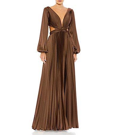 Ieena for Mac Duggal Long Sleeve Pleated Cut-Out Gown Product Image