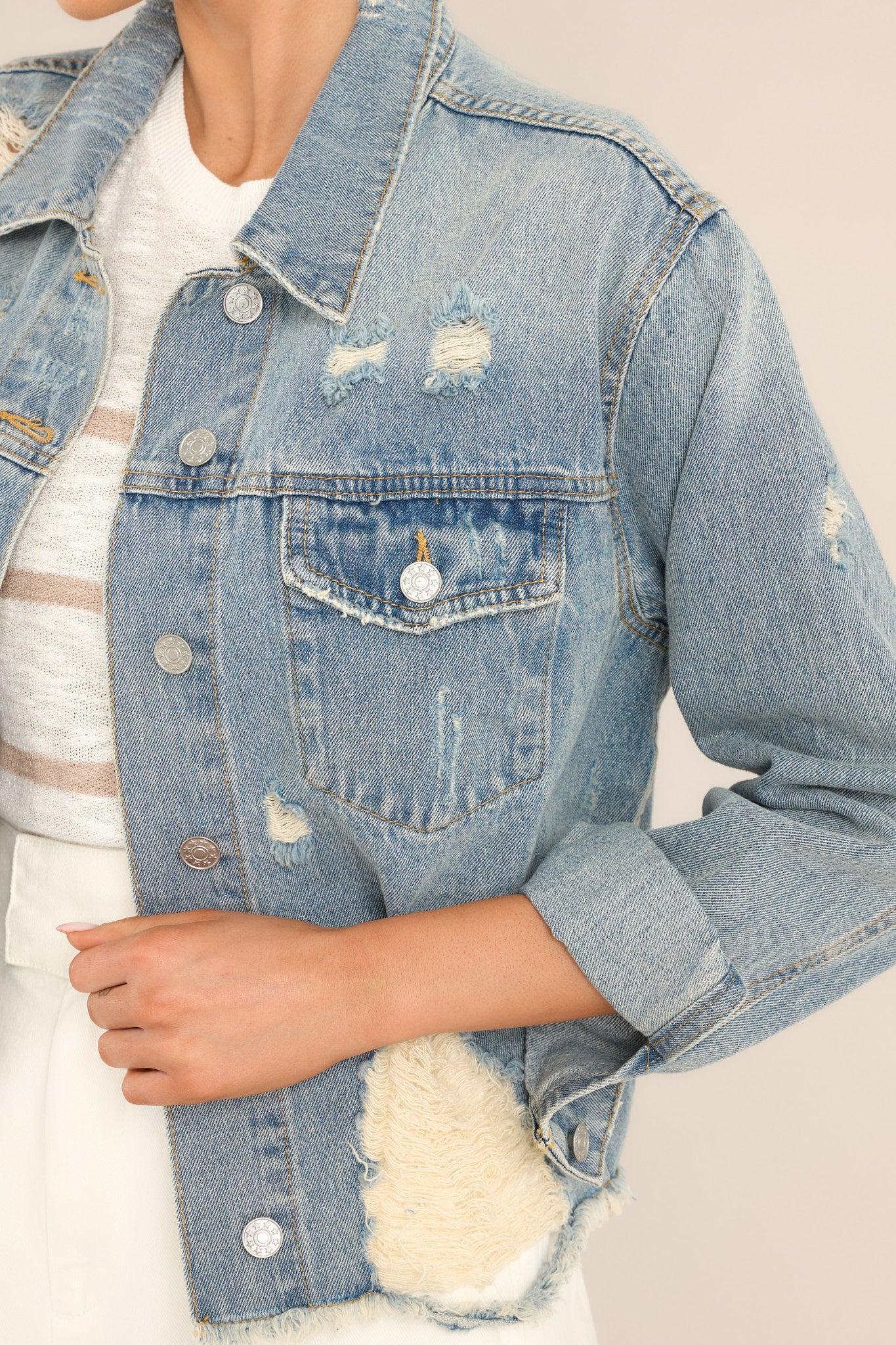 Daring In This Medium Wash Distressed Denim Jacket Blue Product Image