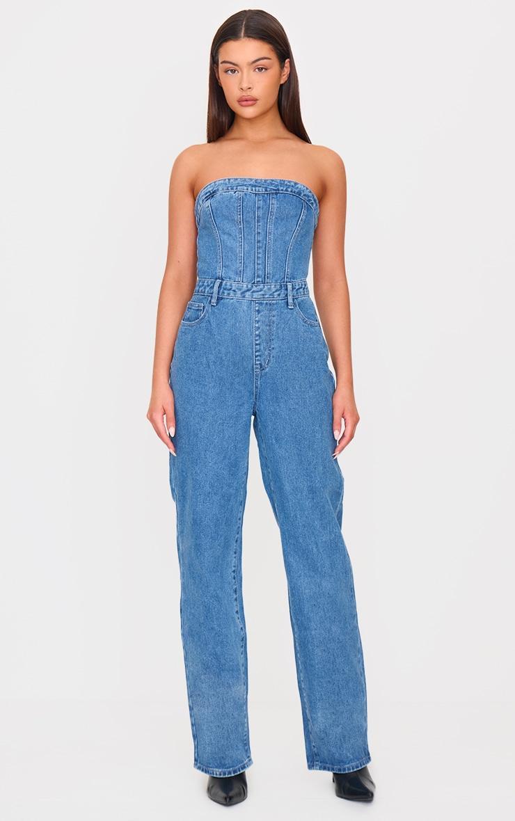 Mid Blue Wash Bandeau Denim Jumpsuit Product Image