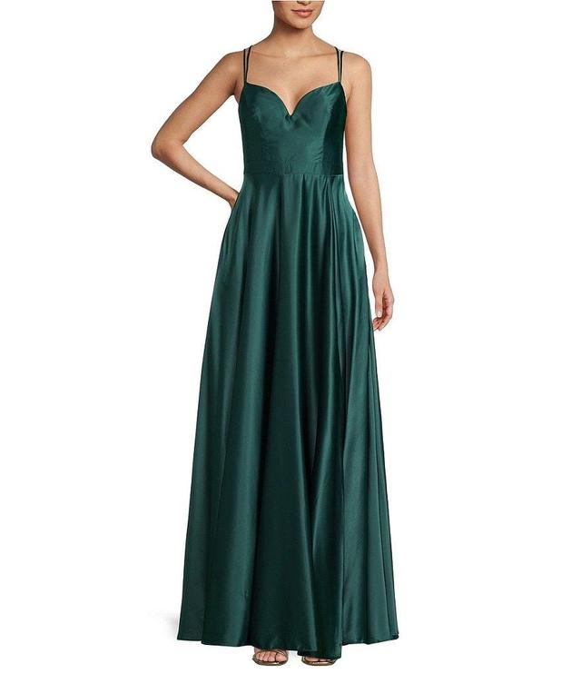 B. Darlin Front Slit Ball Strappy Back Satin Gown Product Image