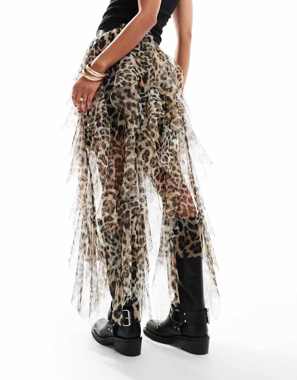 Miss Selfridge festival mesh layered skirt in leopard print Product Image