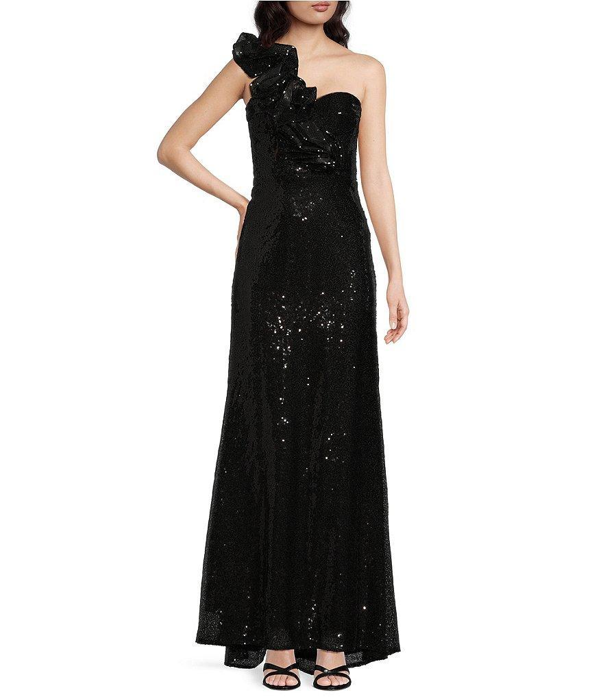 Mac Duggal Sequin Ruffle One Shoulder Sleeveless Gown Product Image