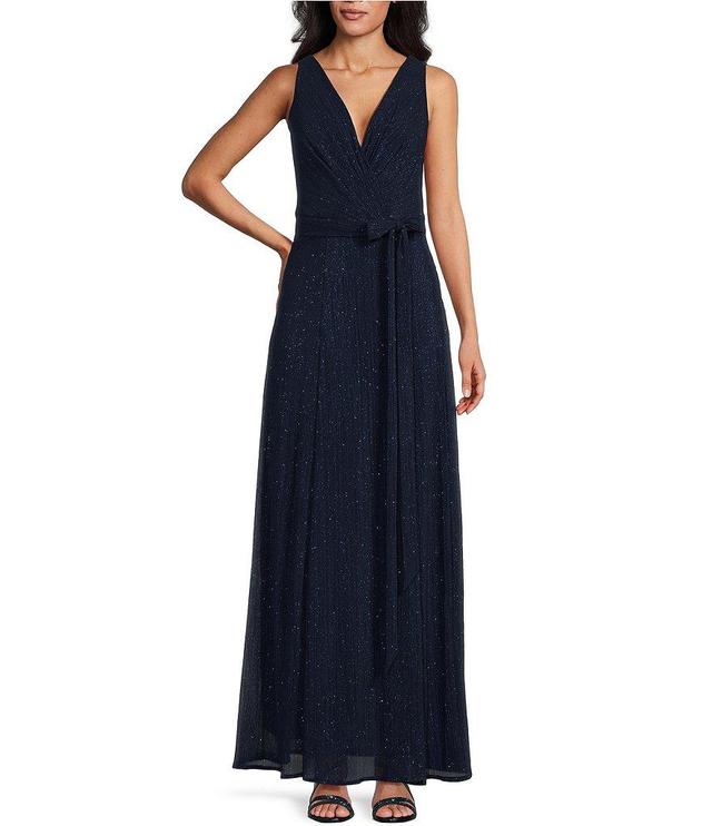 Alex Evenings Glitter Mesh Sleeveless Surplice V-Neck Self Tie Belt Gown Product Image