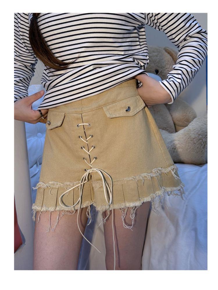 High Waist Plain Lace-Up Mini A-Line Skirt Product Image