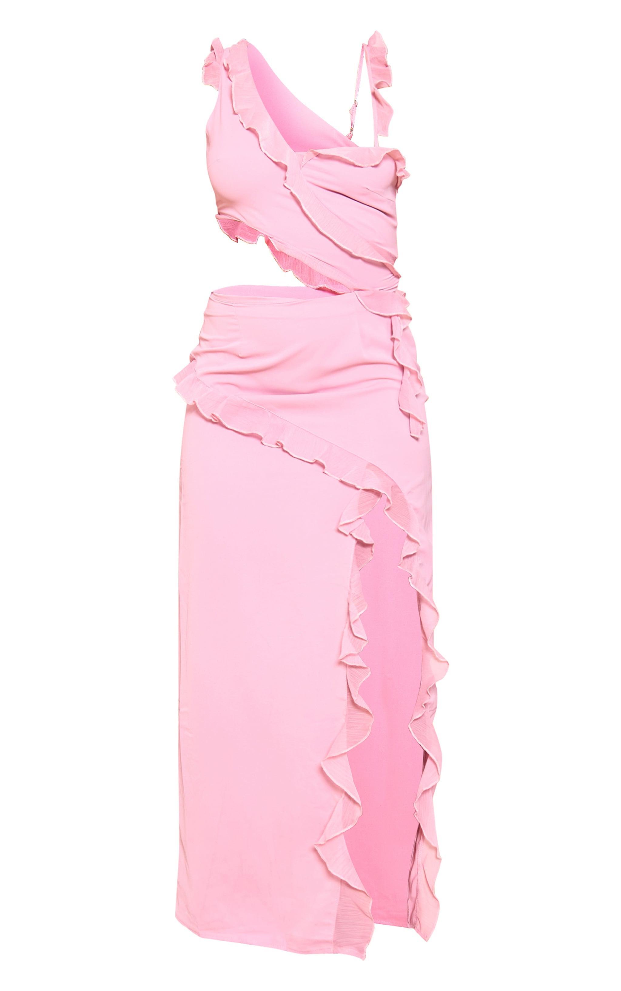 Candy Pink Chiffon Frill Cut Out Maxi Dress Product Image