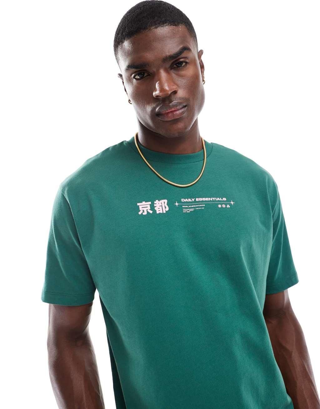 ASOS DESIGN relaxed T-shirt with front print in green Product Image