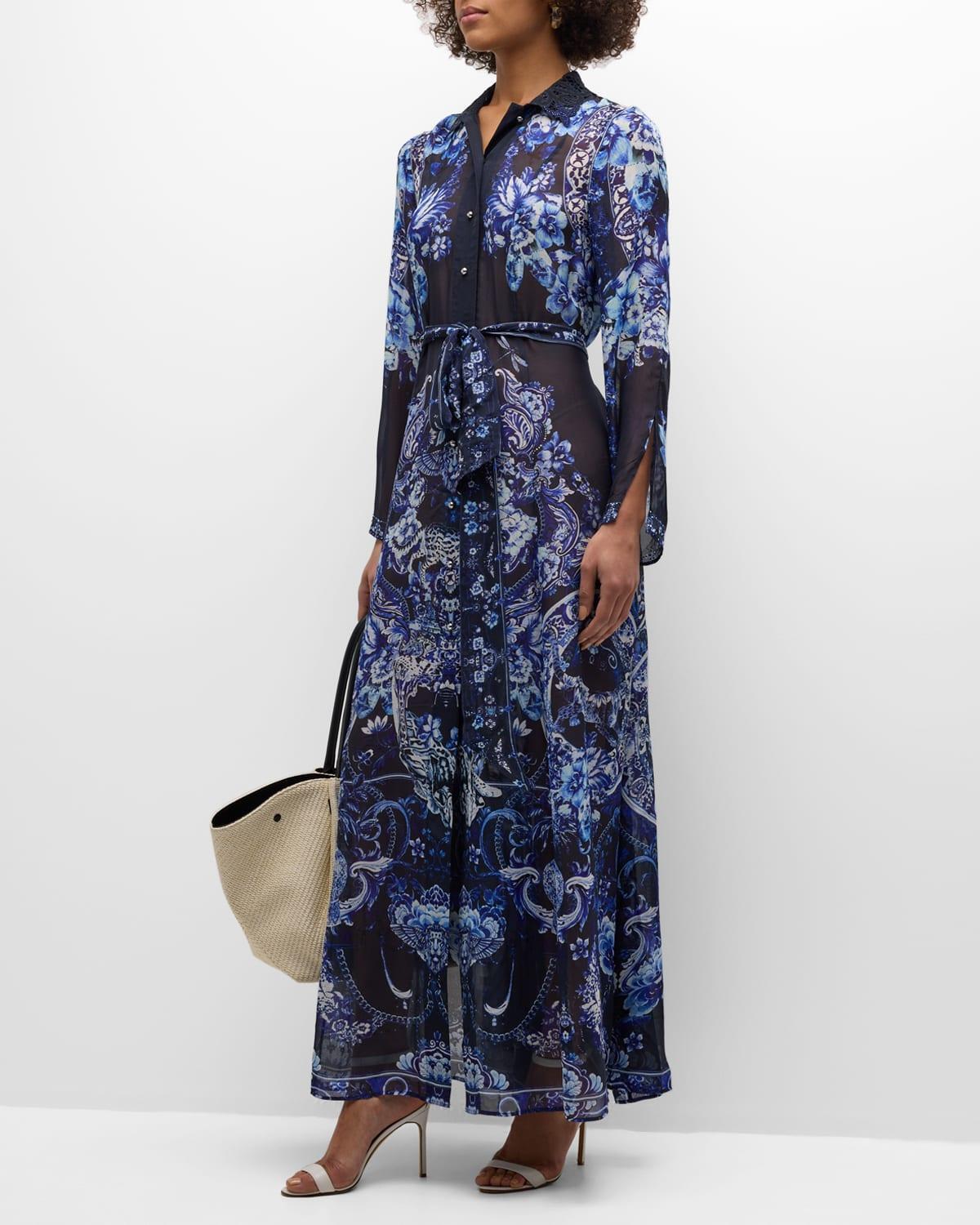 Delft Dynasty Chiffon Maxi Dress with Cutwork Lace Collar Product Image