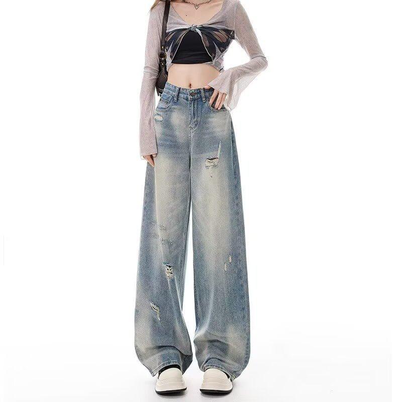 High Waist Distressed Washed Wide Leg Jeans Product Image