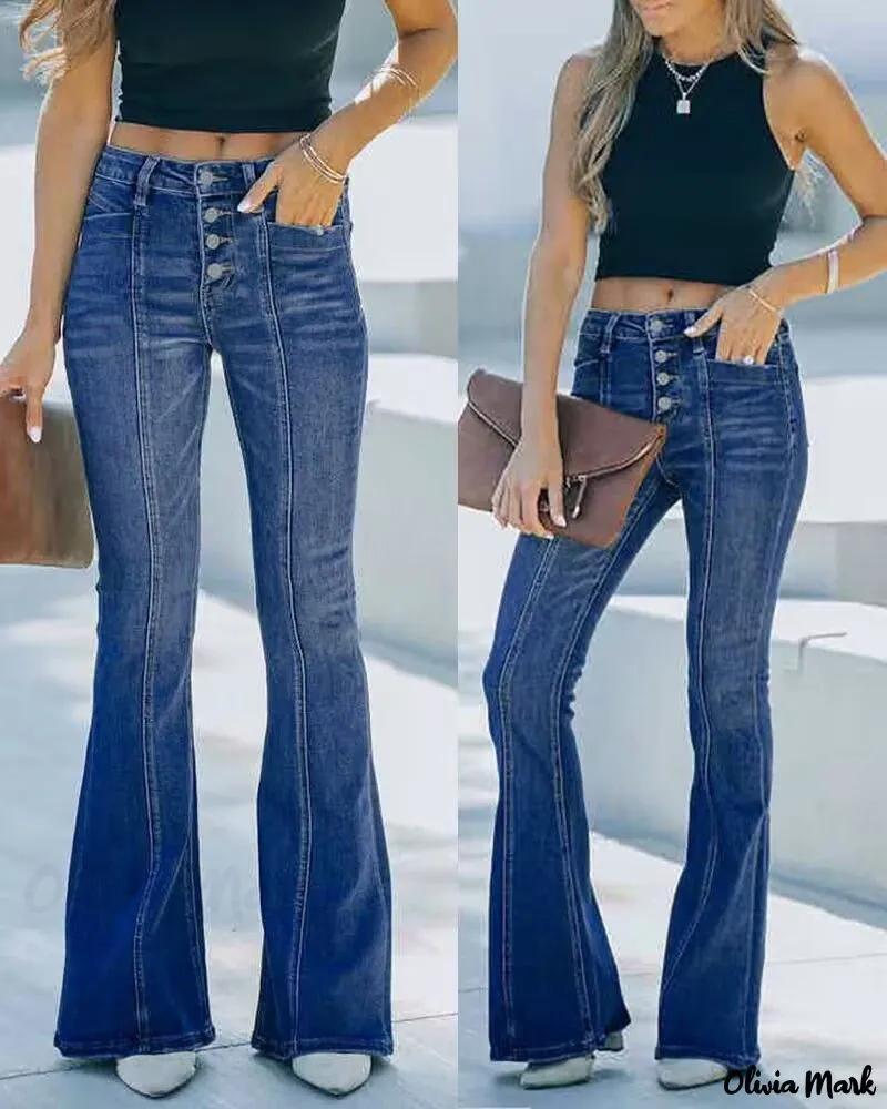 Olivia Mark – Button-Fly Washed Flared-Leg Denim Jeans Product Image