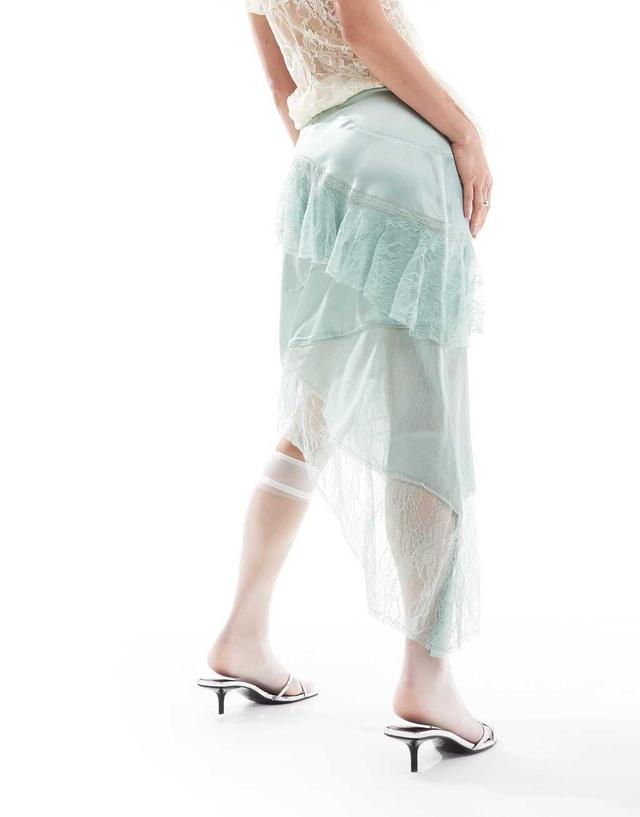 Reclaimed Vintage limited edition midi slip skirt with lace and frill details in mint green Product Image