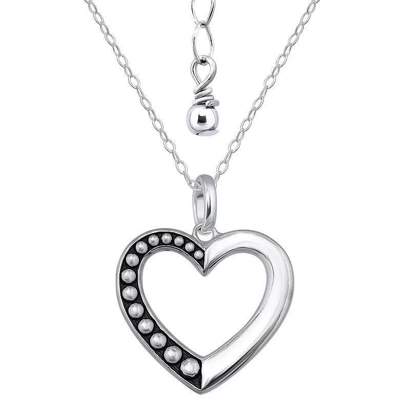 Aleure Precioso Sterling Silver 1/2 Beaded & 1/2 Polished Open Heart Pendant Necklace, Womens Product Image