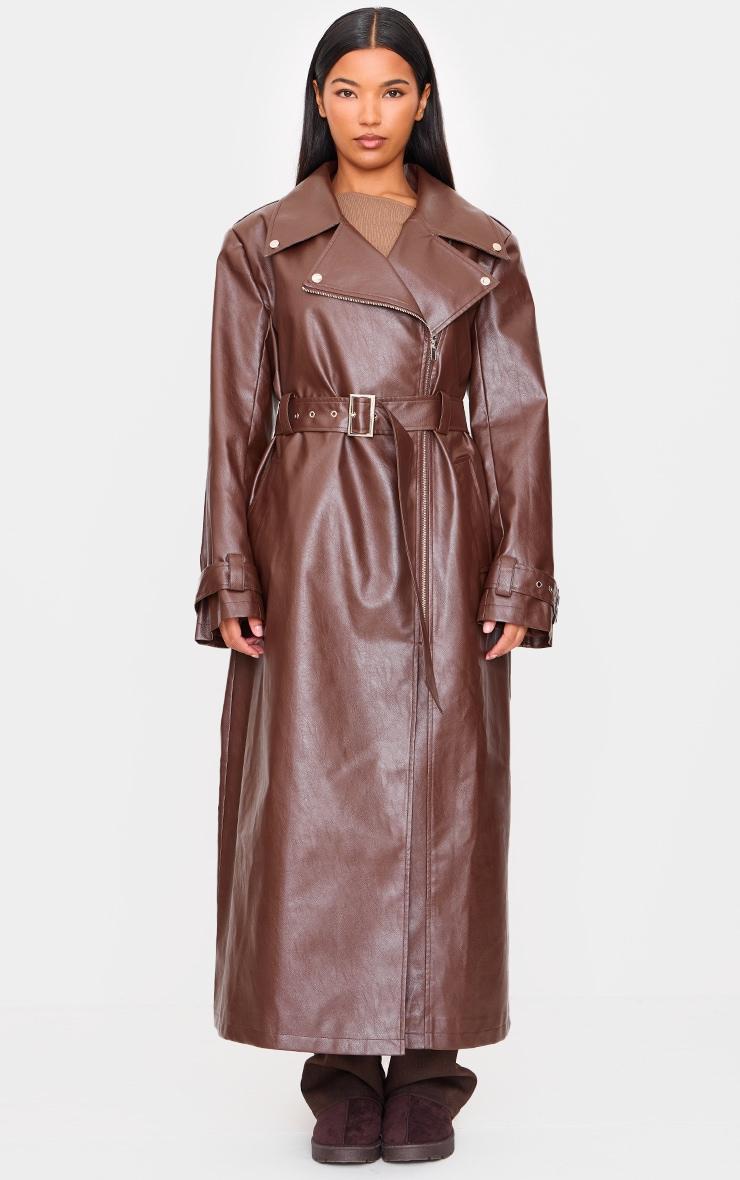 Brown Faux Leather Belted Trench Coat product image